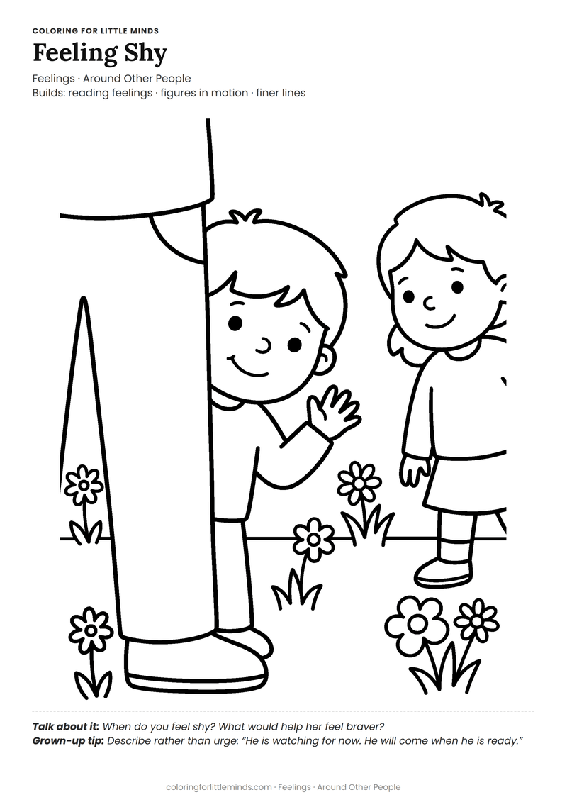 Shy coloring page for ages 5–6 — free full-size printable PDF