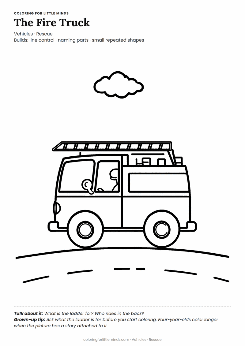 Fire truck coloring page for ages 4–5 — free printable preview
