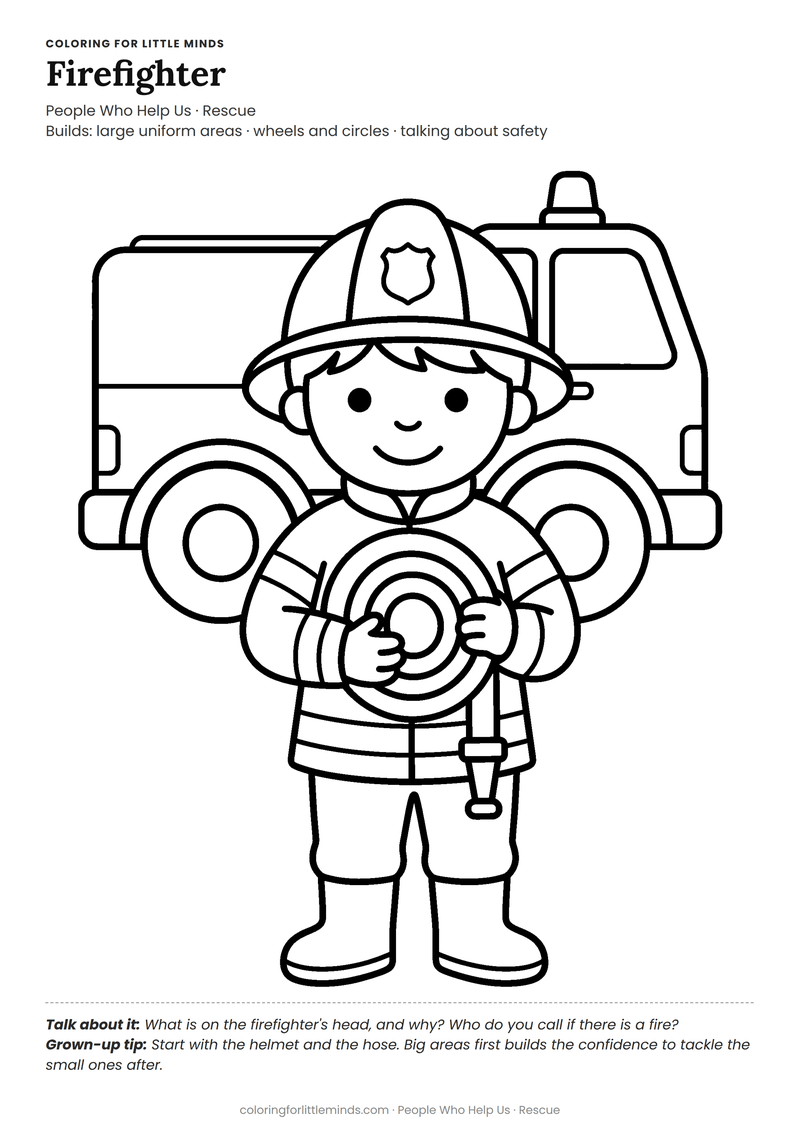 Firefighter coloring page for ages 4–5 — free full-size printable PDF
