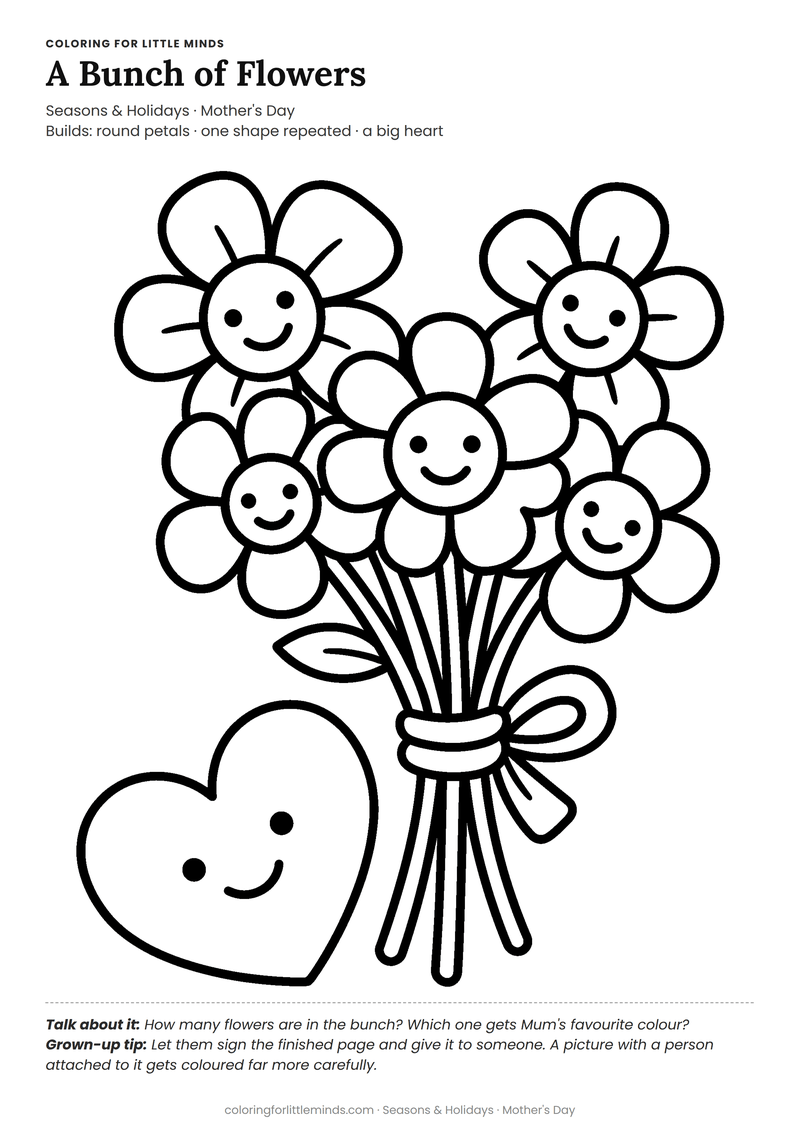 Flower bouquet coloring page for ages 4–5 — free full-size printable PDF