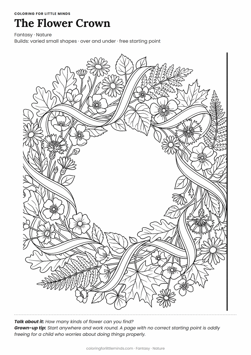 Flower crown coloring page for ages 6–8 — free printable preview