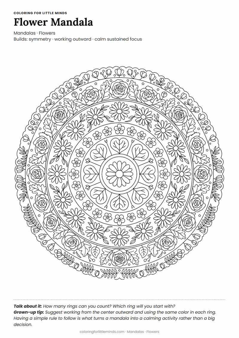Flower mandala coloring page for ages 6–8 — free printable preview
