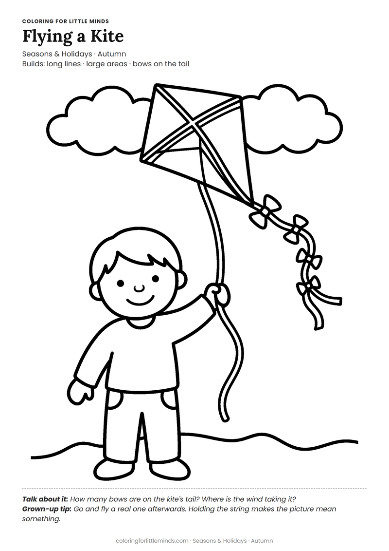 Kite coloring page for ages 3–4 — free full-size printable PDF