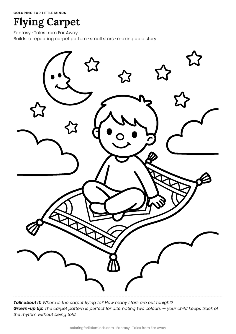 Flying carpet coloring page for ages 5–6 — free full-size printable PDF