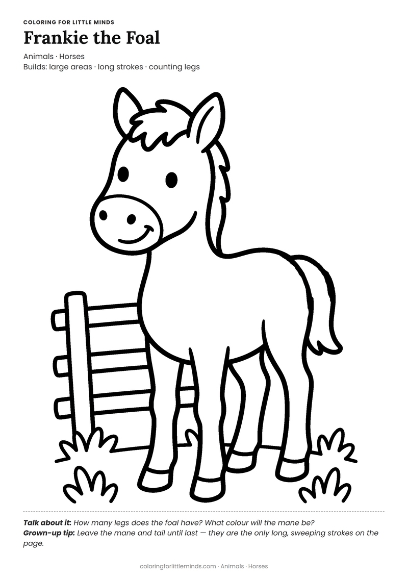Foal coloring page for ages 3–4 — free full-size printable PDF