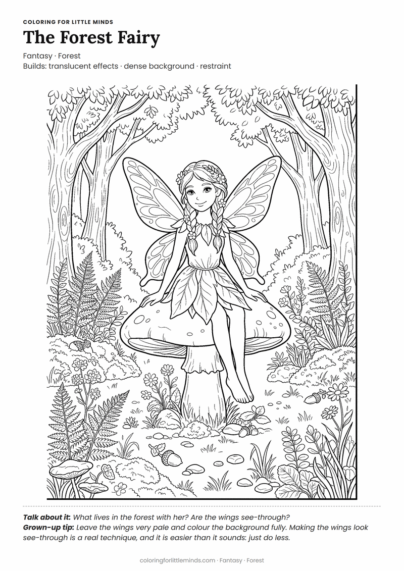 Fairy coloring page for ages 6–8 — free printable preview