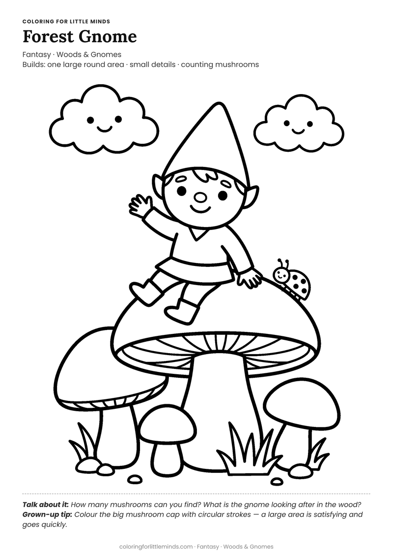 Gnome coloring page for ages 4–5 — free full-size printable PDF
