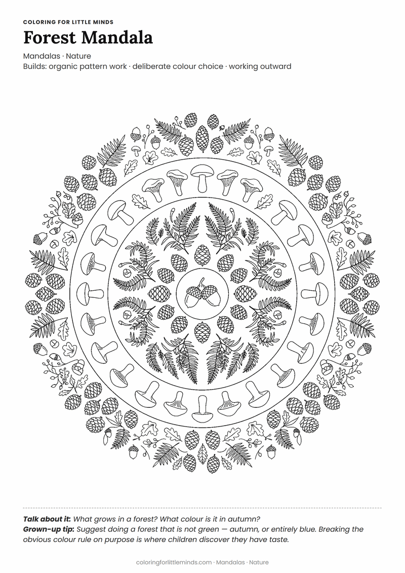 Forest mandala coloring page for ages 6–8 — free printable preview