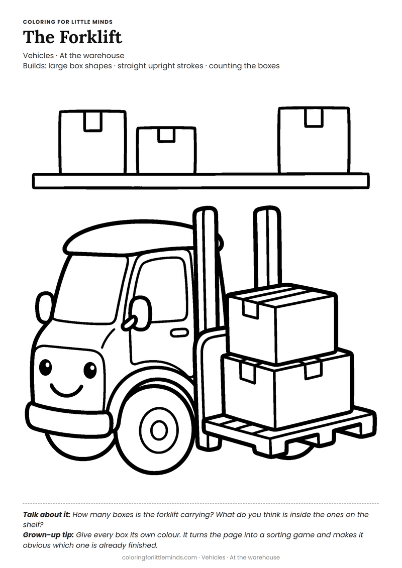 Forklift coloring page for ages 4–5 — free full-size printable PDF