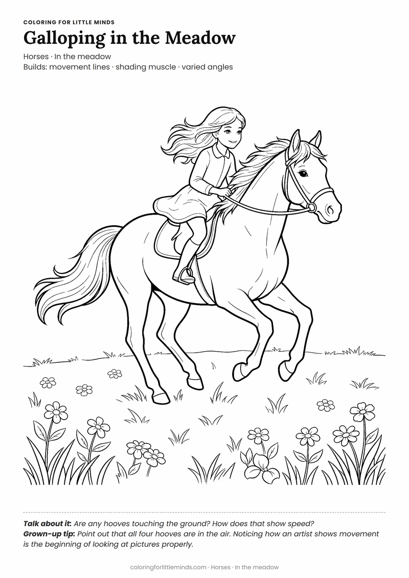 Galloping horse coloring page for ages 6–8 — free printable preview