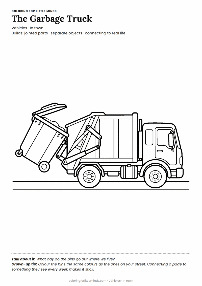 Garbage truck coloring page for ages 4–5 — free printable preview