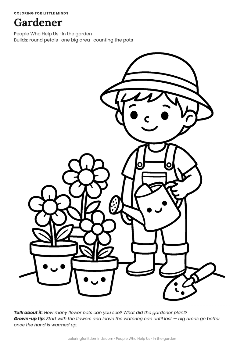 Gardener coloring page for ages 4–5 — free full-size printable PDF