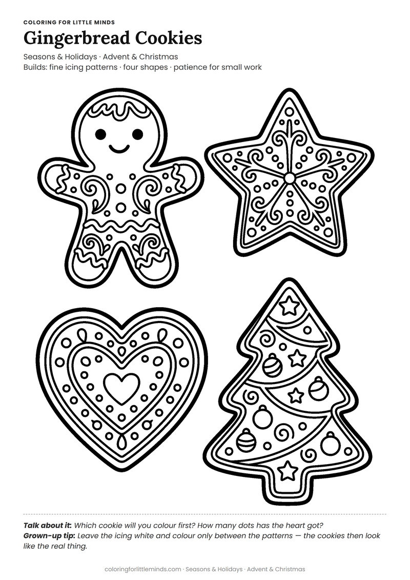 Gingerbread coloring page for ages 5–6 — free full-size printable PDF