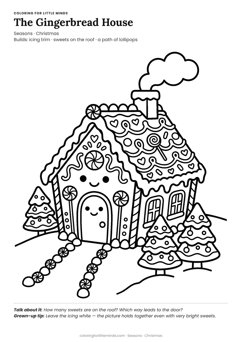 Gingerbread house coloring page for ages 5–6 — free full-size printable PDF