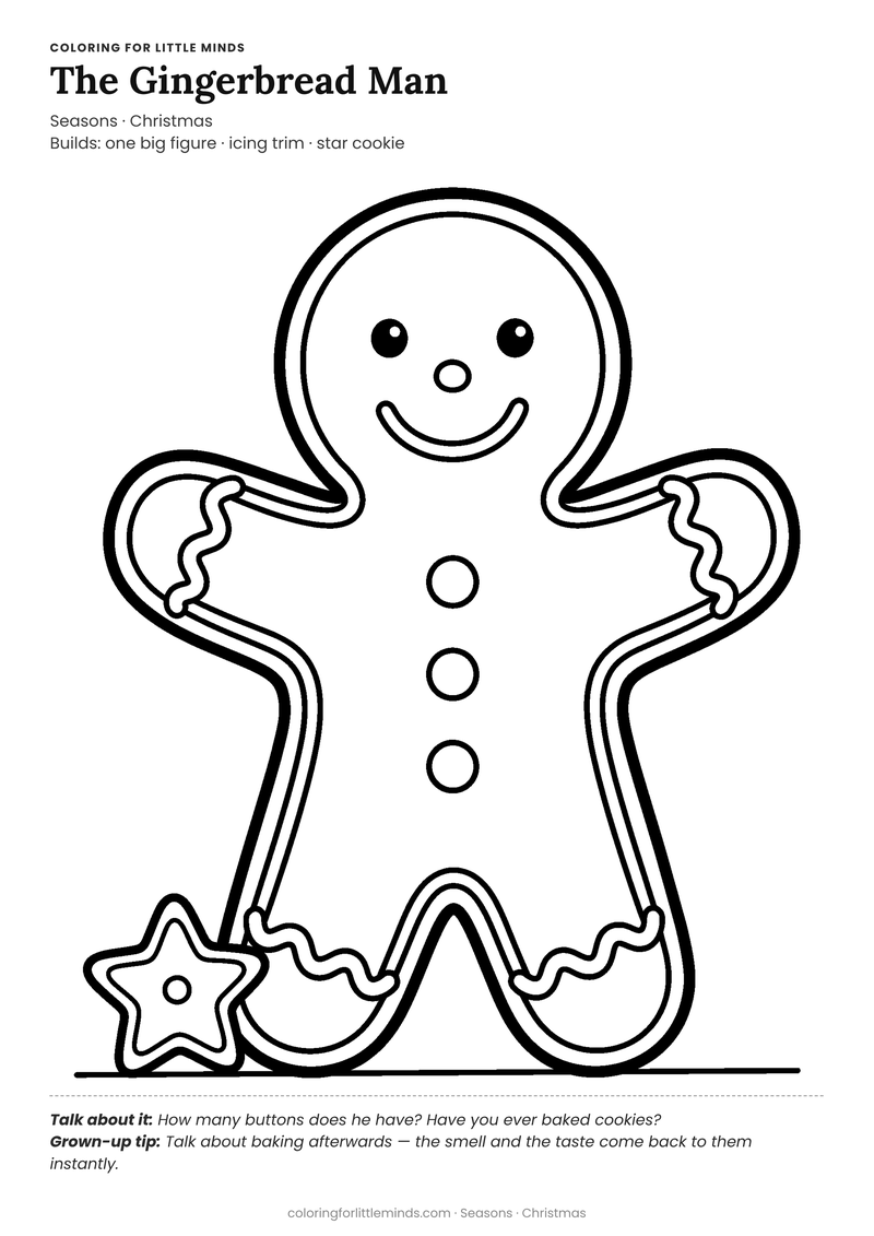 Gingerbread man coloring page for ages 3–4 — free full-size printable PDF