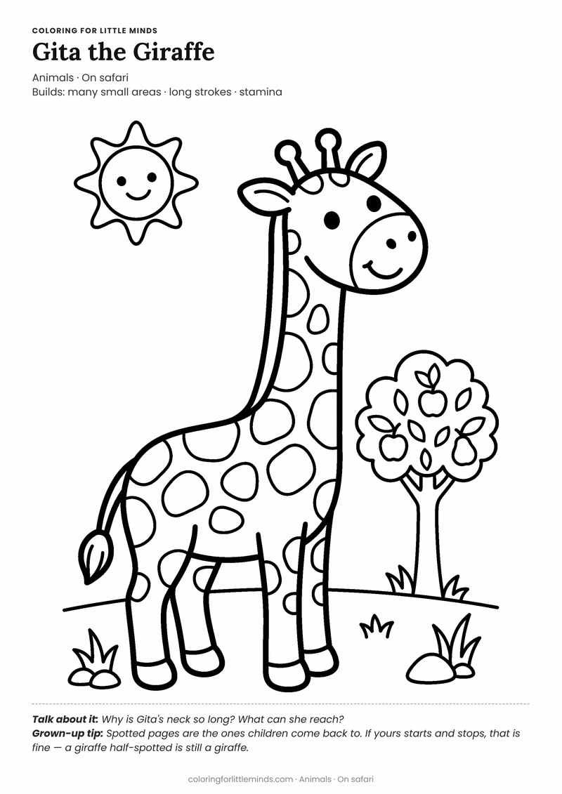 Giraffe coloring page for ages 3–4 — free printable preview