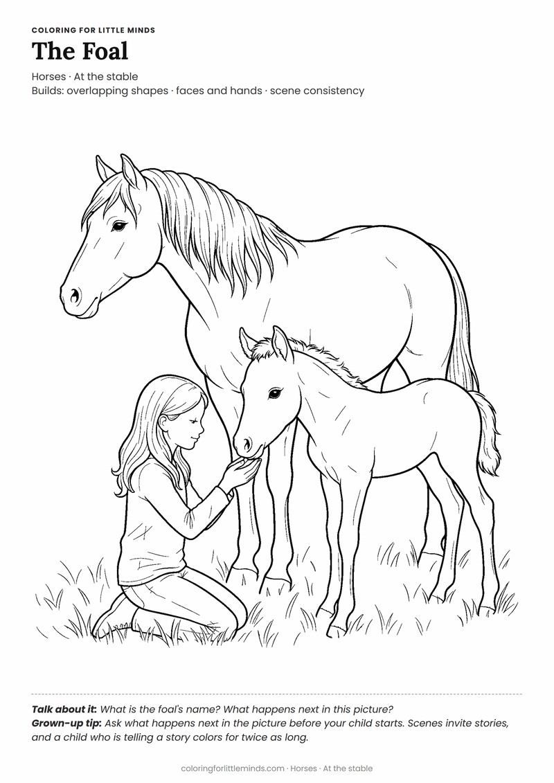 Girl and foal coloring page for ages 6–8 — free printable preview