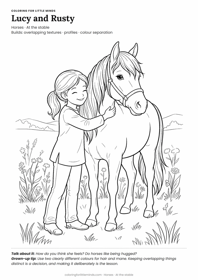 Girl hugging a horse coloring page for ages 6–8 — free printable preview