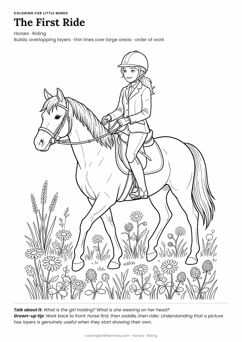 Girl riding a horse coloring page for ages 6–8 — free printable preview