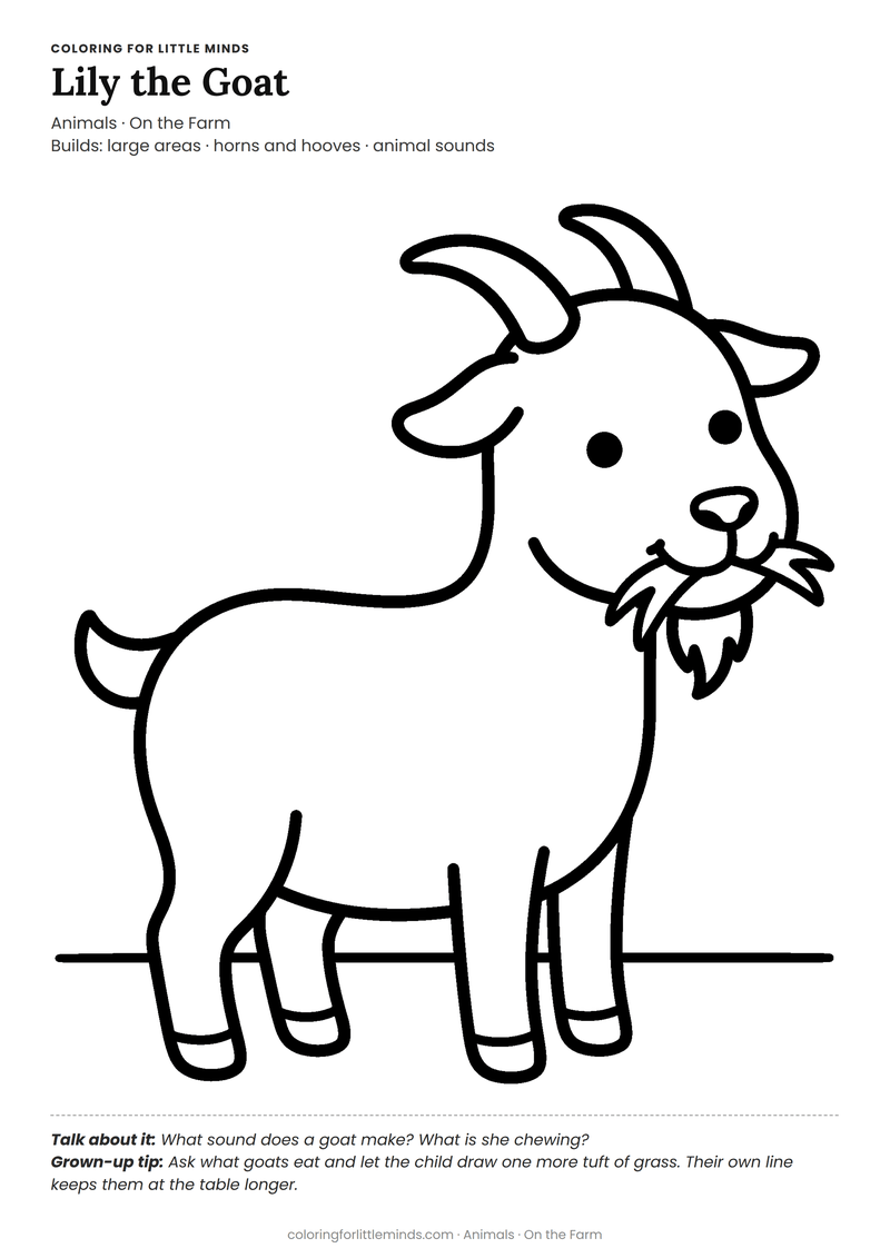 Goat coloring page for ages 3–4 — free full-size printable PDF