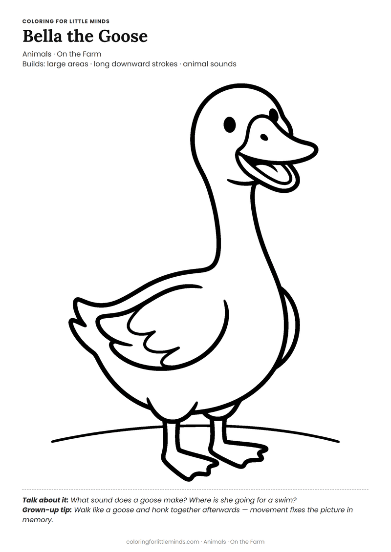 Goose coloring page for ages 3–4 — free full-size printable PDF