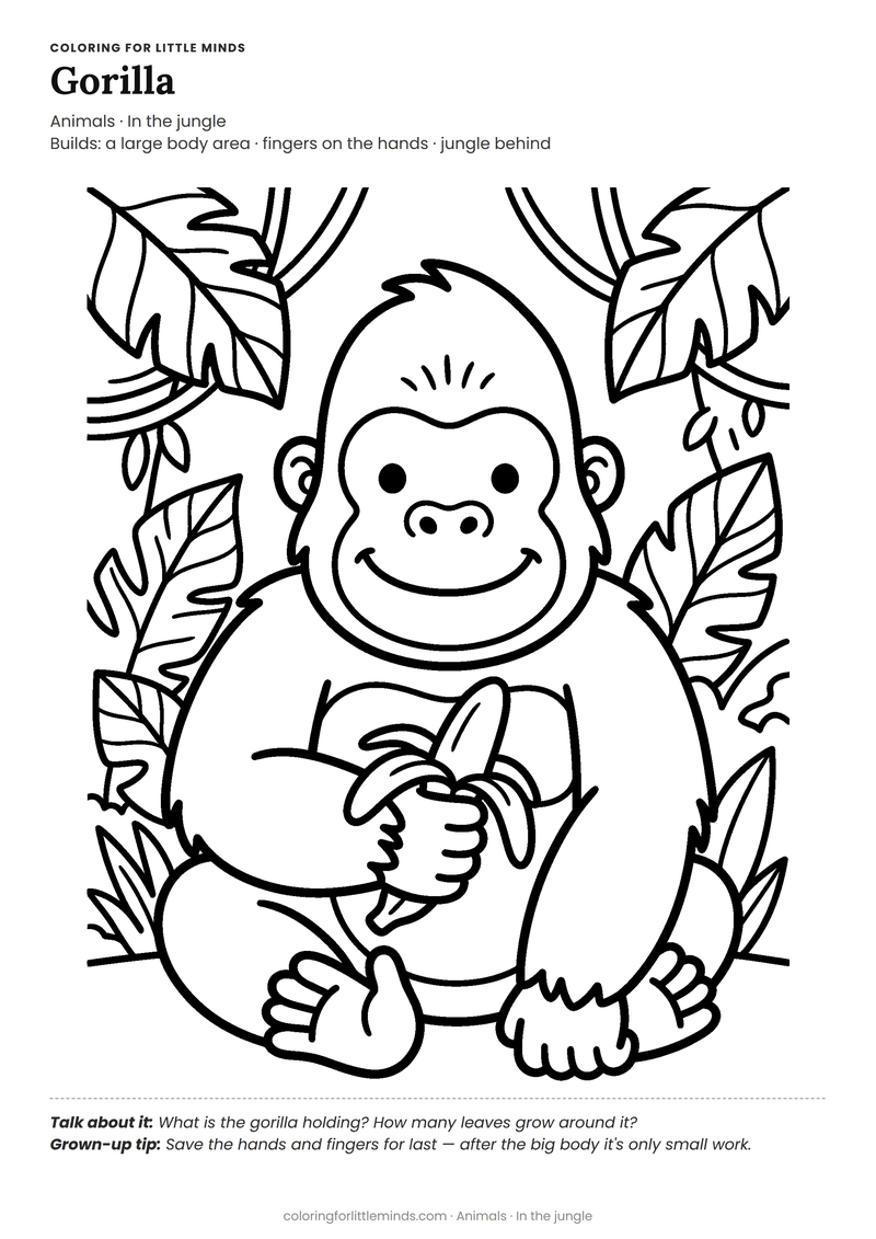 Gorilla coloring page for ages 5–6 — free full-size printable PDF