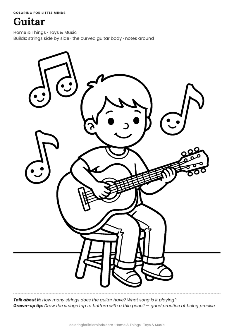 Guitar coloring page for ages 5–6 — free full-size printable PDF