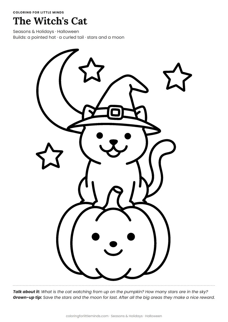 Halloween cat coloring page for ages 4–5 — free full-size printable PDF