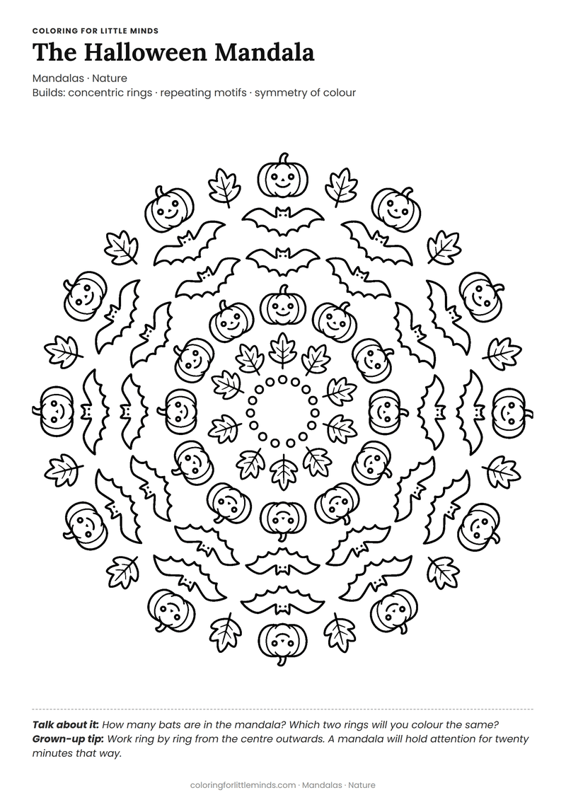 Halloween mandala coloring page for ages 6–8 — free full-size printable PDF