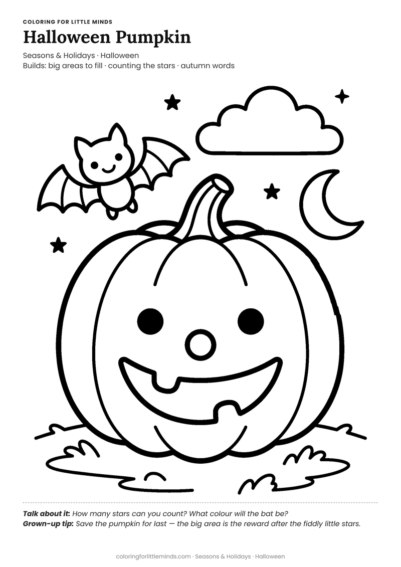 Halloween pumpkin coloring page for ages 4–5 — free full-size printable PDF