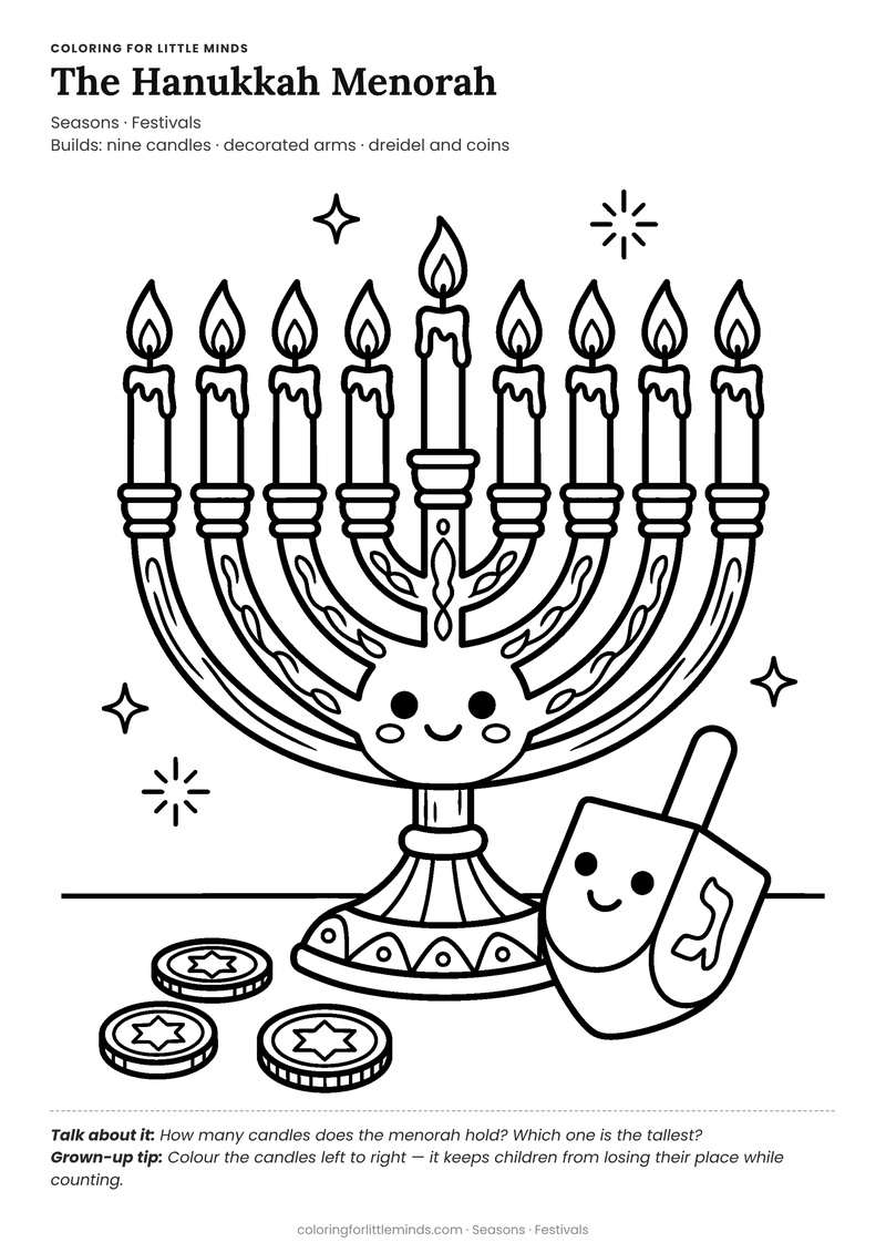 Hanukkah menorah coloring page for ages 5–6 — free full-size printable PDF