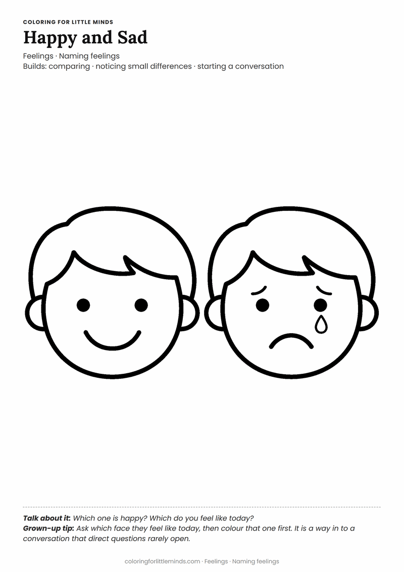 Happy and sad coloring page for ages 3–4 — free printable preview