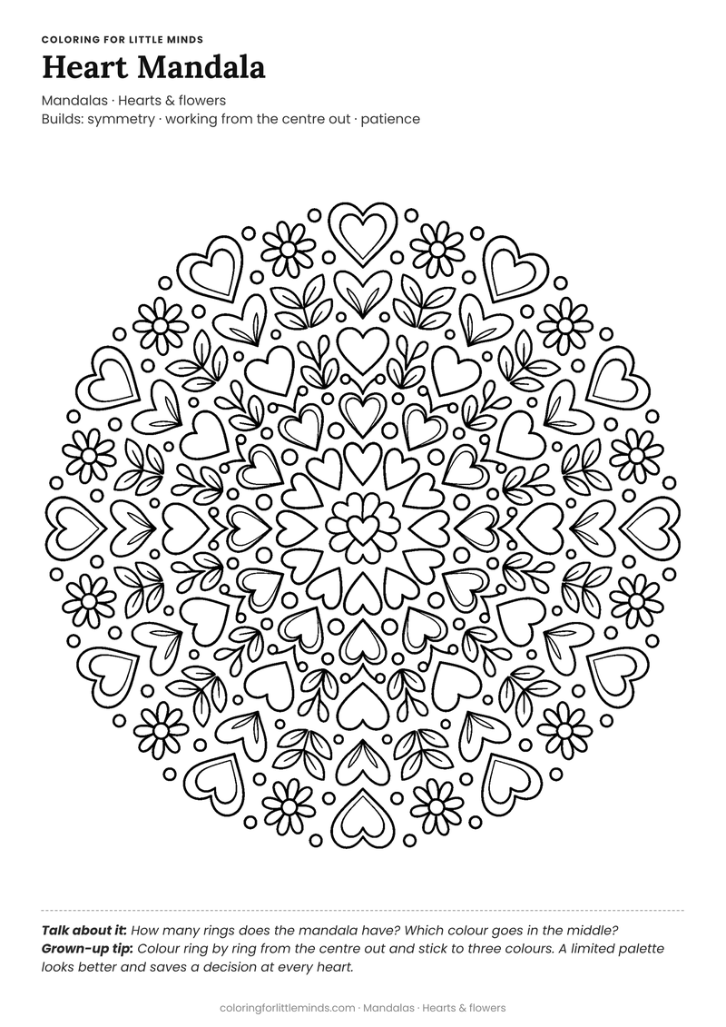 Heart mandala coloring page for ages 6–8 — free full-size printable PDF