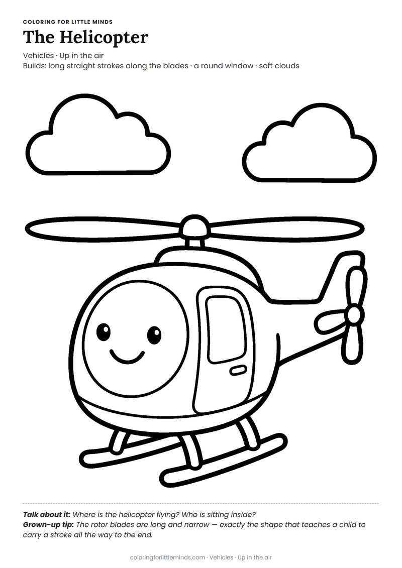 Helicopter coloring page for ages 4–5 — free full-size printable PDF