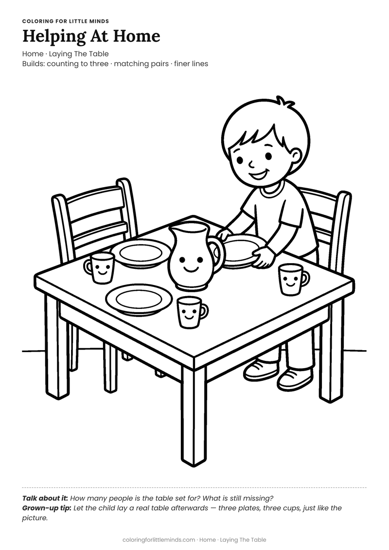 Helping at home coloring page for ages 5–6 — free full-size printable PDF