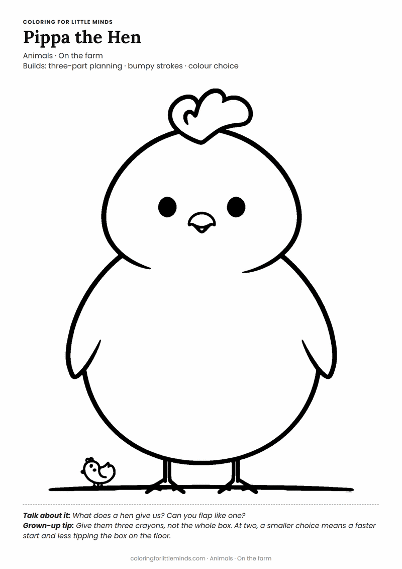 Hen coloring page for ages 2–3 — free printable preview