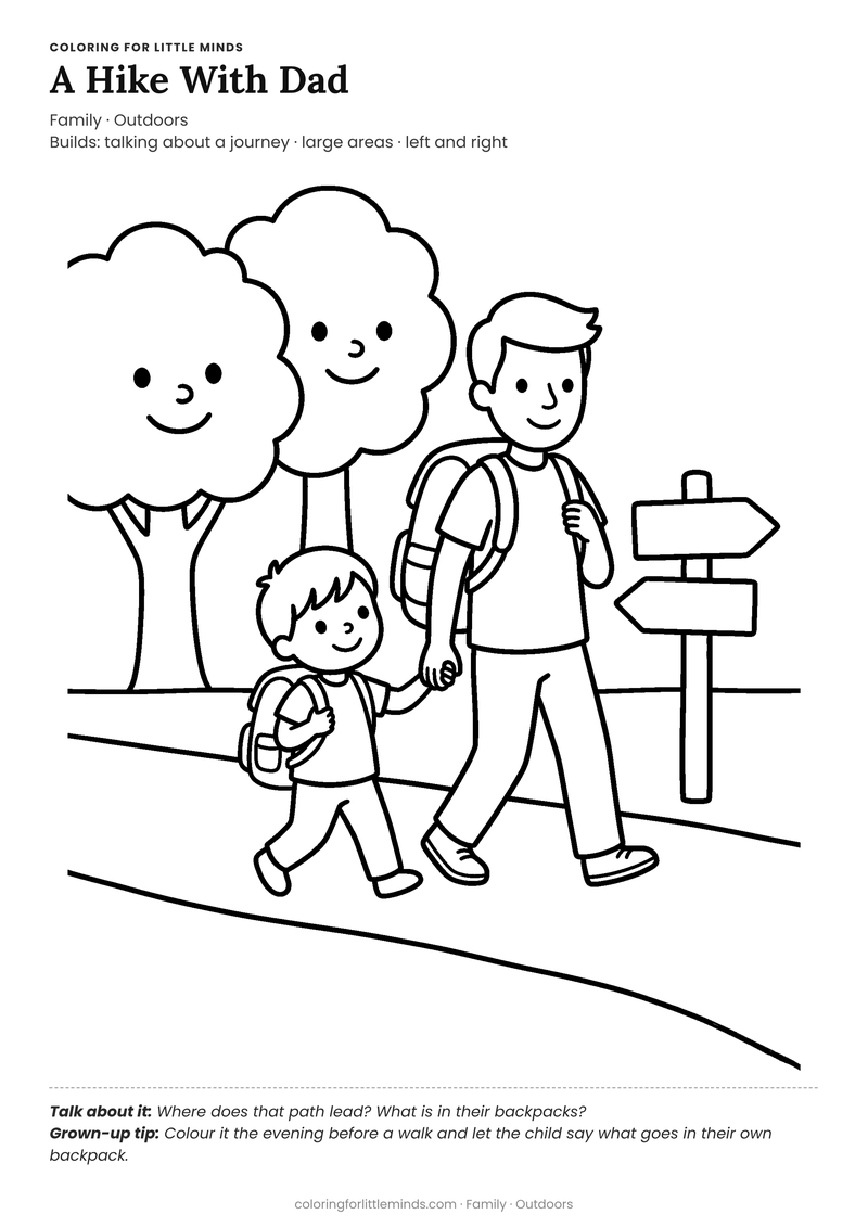 Hiking coloring page for ages 4–5 — free full-size printable PDF