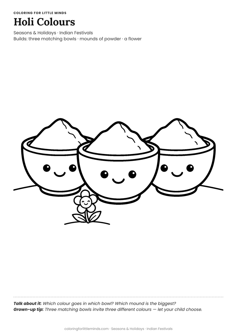 Holi colours coloring page for ages 3–4 — free full-size printable PDF