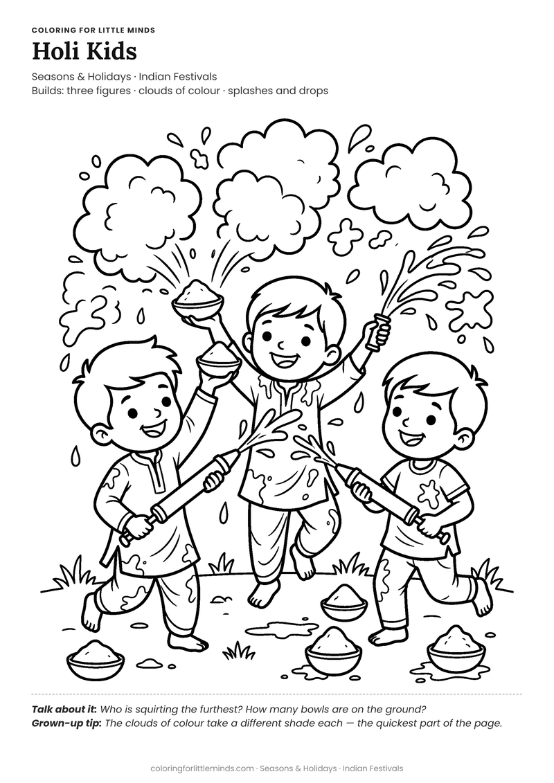 Holi for kids coloring page for ages 5–6 — free full-size printable PDF