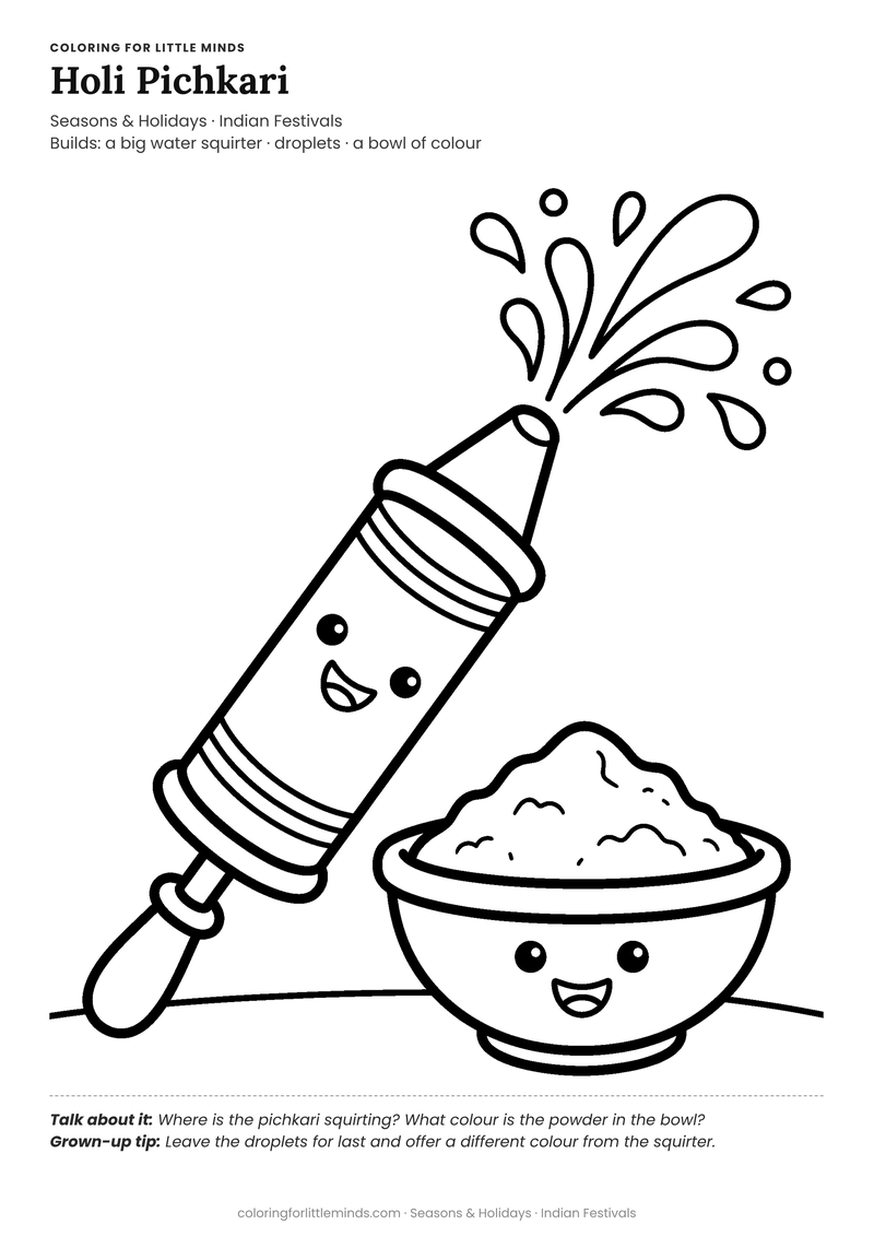 Holi pichkari coloring page for ages 3–4 — free full-size printable PDF