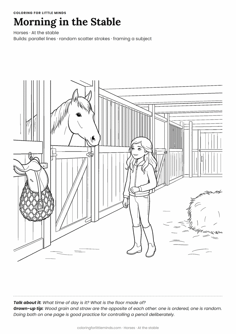 Horse in a stable coloring page for ages 6–8 — free printable preview