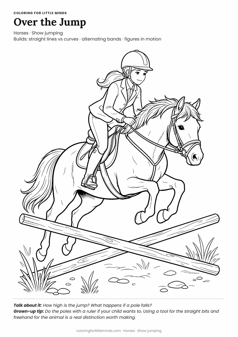 Horse jumping coloring page for ages 6–8 — free printable preview
