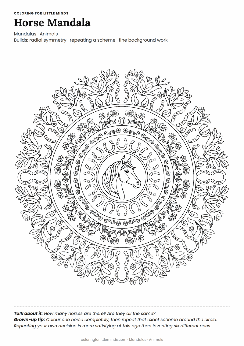 Horse mandala coloring page for ages 6–8 — free printable preview