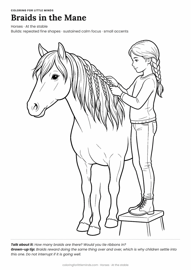 Horse braids coloring page for ages 6–8 — free printable preview