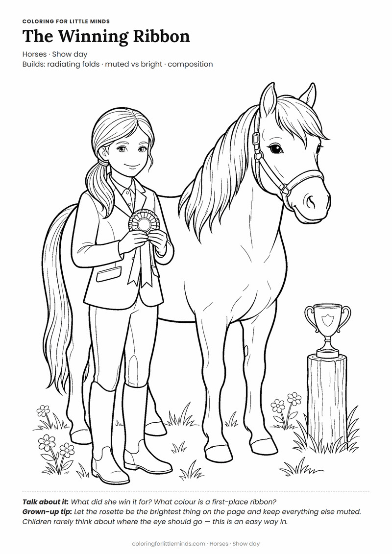Horse show ribbon coloring page for ages 6–8 — free printable preview
