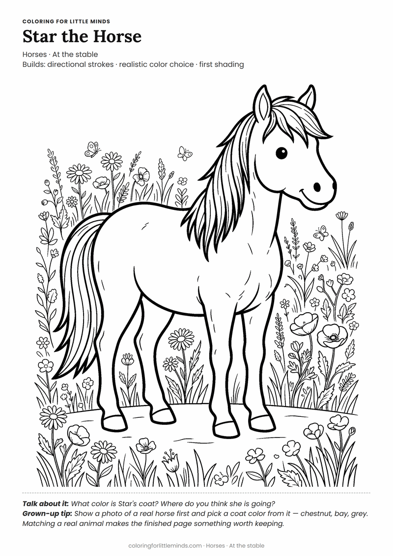 Horse coloring page for ages 6–8 — free printable preview