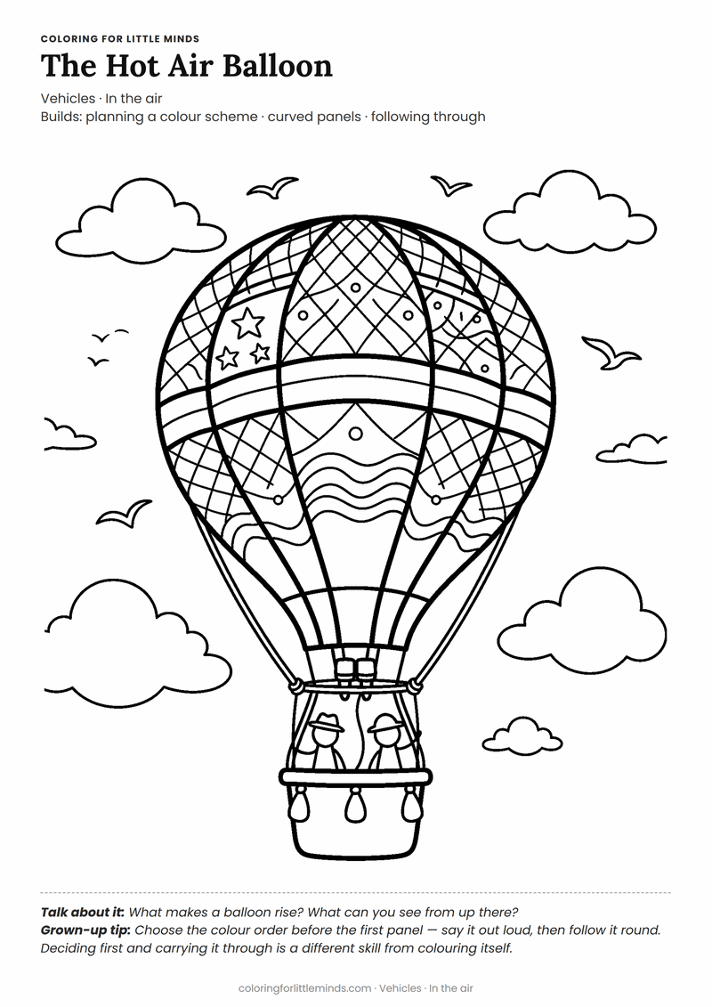 Hot air balloon coloring page for ages 5–6 — free printable preview