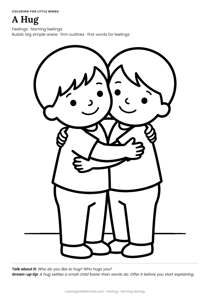 Hug coloring page for ages 2–3 — free full-size printable PDF