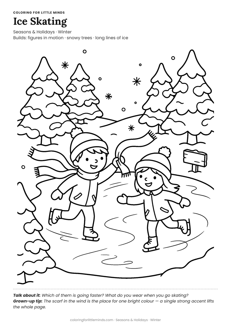 Ice skating coloring page for ages 5–6 — free full-size printable PDF