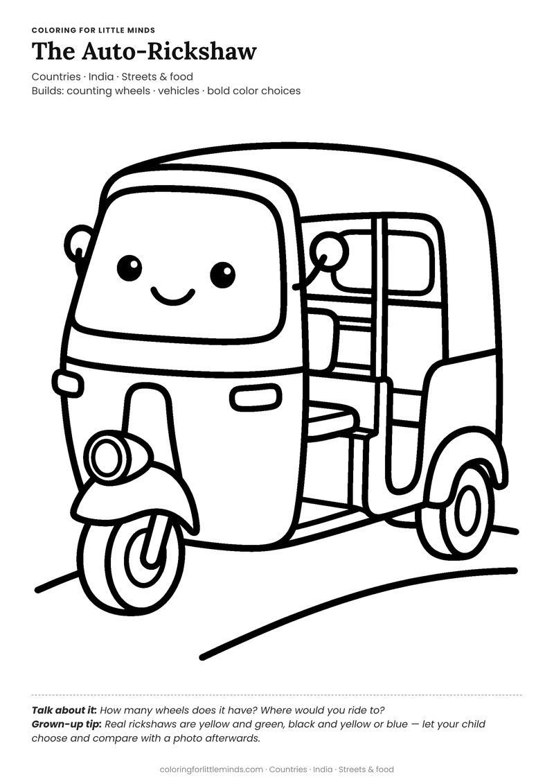 Auto-rickshaw coloring page for ages 3–4 — free full-size printable PDF